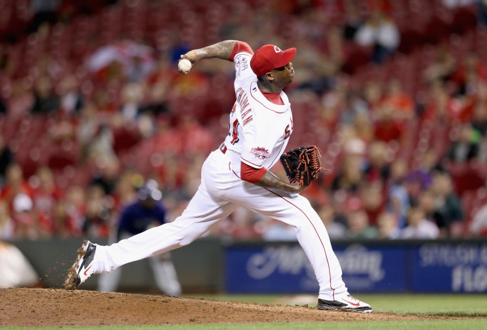 CINCINNATI, OH - MAY 26: Aroldis Chapman #54 of the Cincinnati Reds throws a pitch in the 9th inning against the Colorado Rockies at Great American Ball Park on May 26, 2015 in Cincinnati, Ohio. (Photo by Andy Lyons/Getty Images)