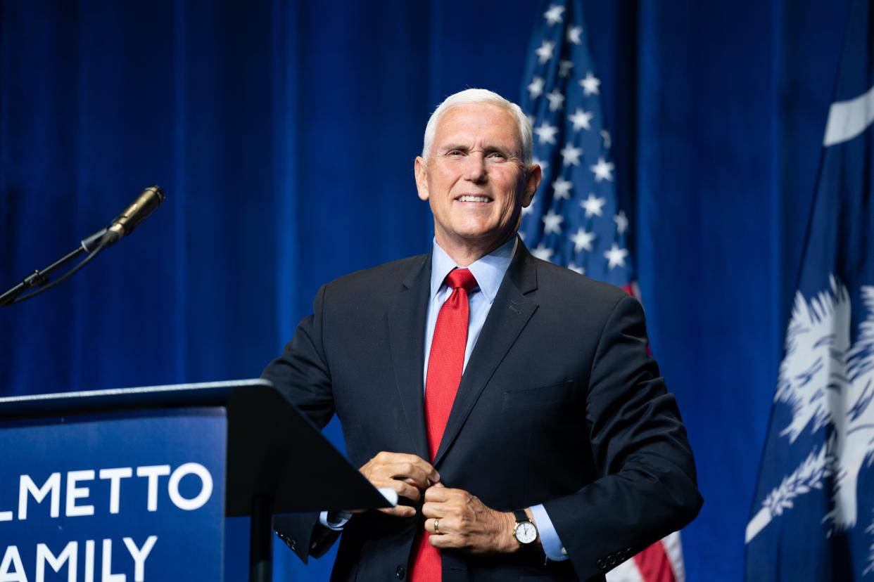 <p>Former Vice President Mike Pence speaks to a crowd during an event sponsored by the Palmetto Family organisation on 29 April, 2021 in Columbia, South Carolina. The address was his first since the end of his vice presidency</p> (Getty Images)