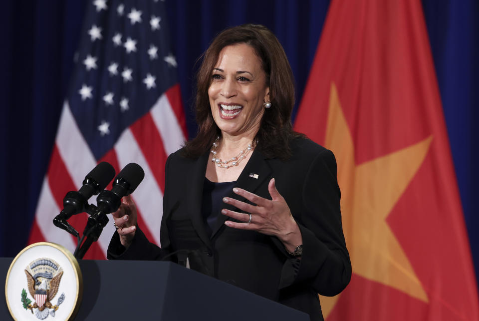 U.S. Vice President Kamala Harris holds a news conference before departing Vietnam for the United States following her first official visit to Asia in Hanoi, Vietnam, Thursday, Aug. 26, 2021. (Evelyn Hockstein/Pool Photo via AP)