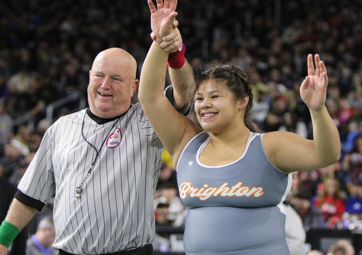 Brighton's Sabrina Nauss became the third girl to win four state wrestling championships Saturday, March 2, 2024 at Ford Field.