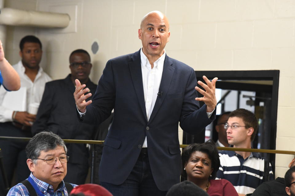 Democratic presidential candidate Sen. Cory Booker, D-N.J., speaks during a campaign stop on Friday, April 26, 2019, at Allen University in Columbia, S.C. (AP Photo/Meg Kinnard)