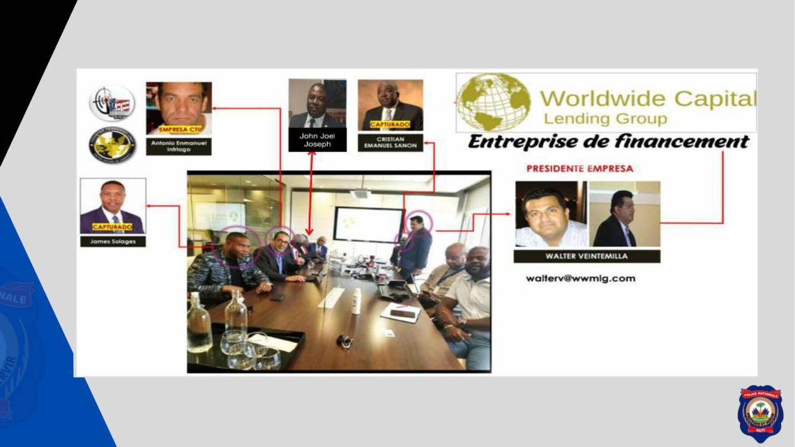 A photograph displayed by Haitian authorities shows Walter Veintemilla, standing and at right, in a Fort Lauderdale conference room, with, among others, Christian Emmanuel Sanon, upper right, the man who wanted to rule Haiti, Antonio ‘Tony’ Intriago, upper left, the Doral security consultant on the radar of U.S. and Haitian authorities but not in custody, and James Solages, far left, a Haitian American from Broward County who is in custody in Haiti as an alleged participant in the plot to kill President Jovenel Moïse.