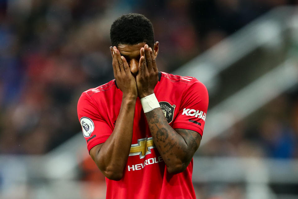 NEWCASTLE UPON TYNE, ENGLAND - OCTOBER 06: Marcus Rashford of Manchester United reacts during the Premier League match between Newcastle United and Manchester United at St. James Park on October 6, 2019 in Newcastle upon Tyne, United Kingdom. (Photo by Robbie Jay Barratt - AMA/Getty Images)