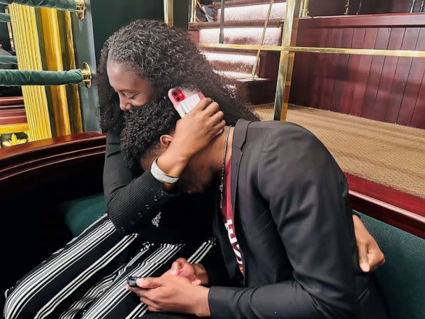 PHOTO: Amir Staten hugs his mom Karlynne Staten after learning he earned a scholarship to Morehouse College. (Courtesy Karlynne Staten)