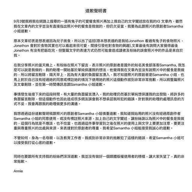 Annie在IG公開道歉聲明書，向粉絲及被盜圖的原創作者道歉。（翻攝自Annie IG）