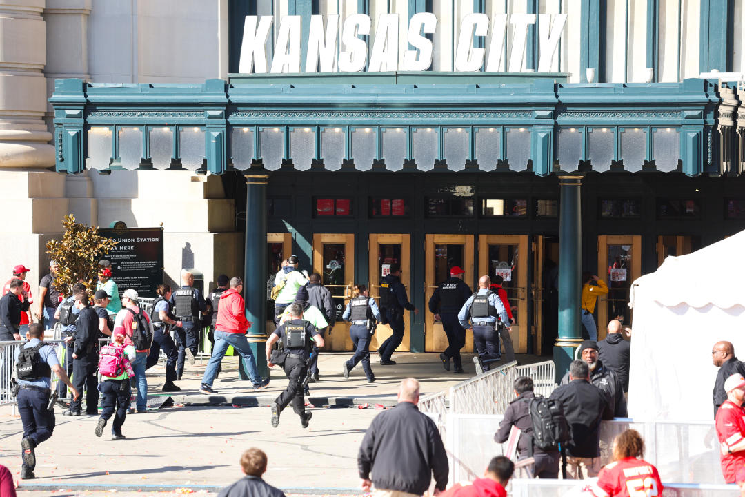 Law enforcement and medical personnel respond to the shooting around Union Station in Kansas City, Mo. 