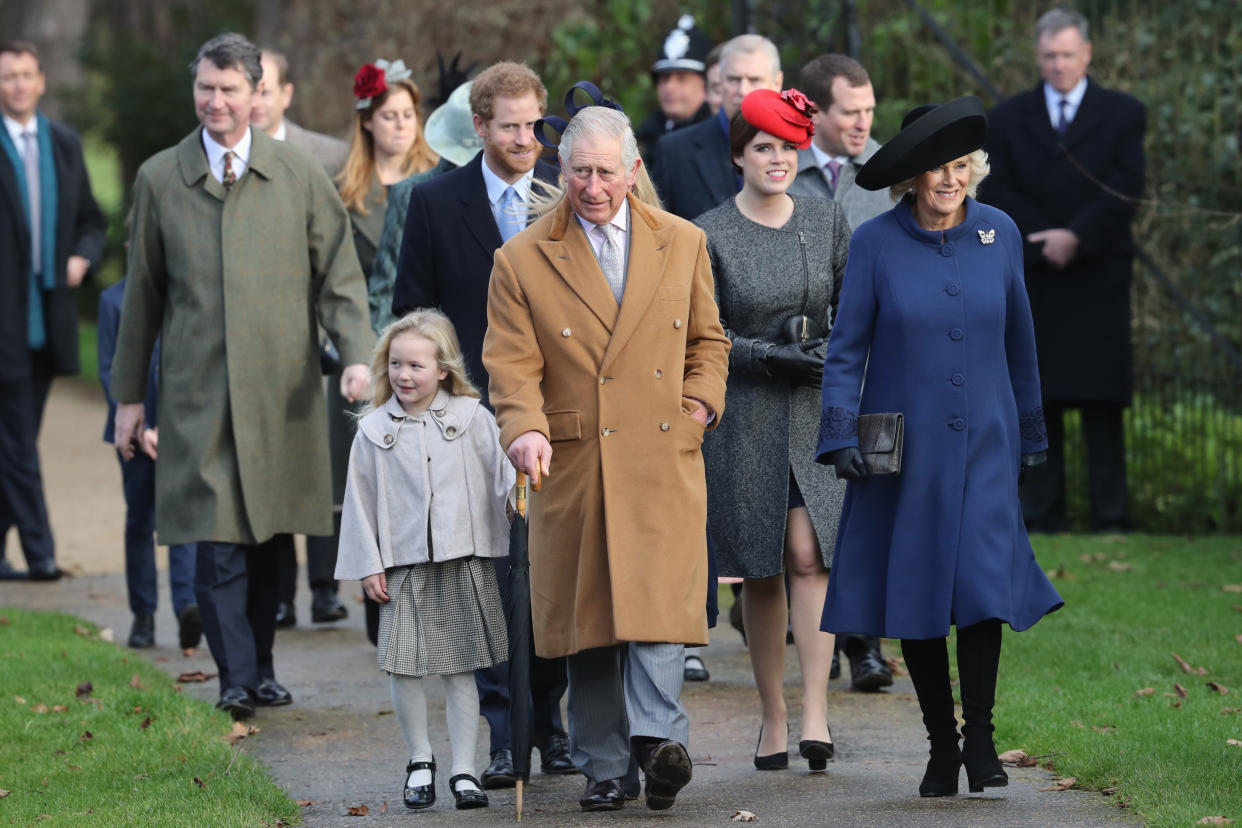 KING'S LYNN, ENGLAND - DECEMBER 25:  (L-R) Savannah Phillips, Autumn Phillips, Prince Harry, Prince Charles, Prince of Wales, Princess Eugenie and Camilla, Duchess of Cornwall attend a Christmas Day church service at Sandringham on December 25, 2016 in King's Lynn, England.  (Photo by Chris Jackson/Getty Images)