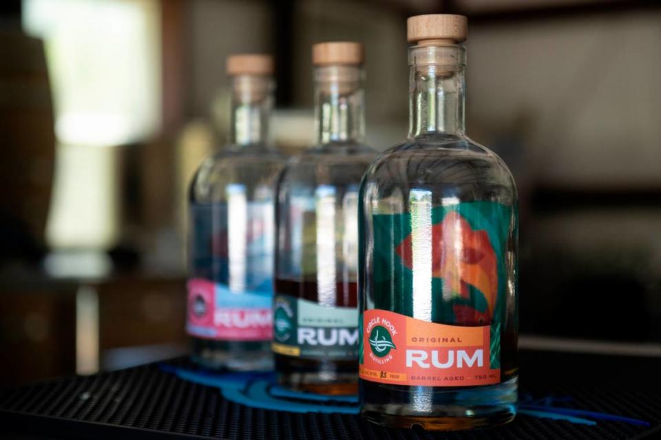 Circle Hook Distilling’s three varieties of rum at Circle Hook Distilling in Gulfport on Monday, April 17, 2023. Circle Hook Distilling currently only sells the Original Rum but will be adding a clear rum and a higher-end rum.