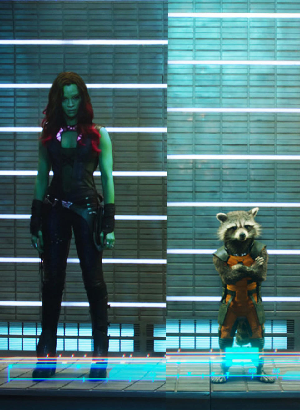 Gamora and Rocket posing for their mug shots