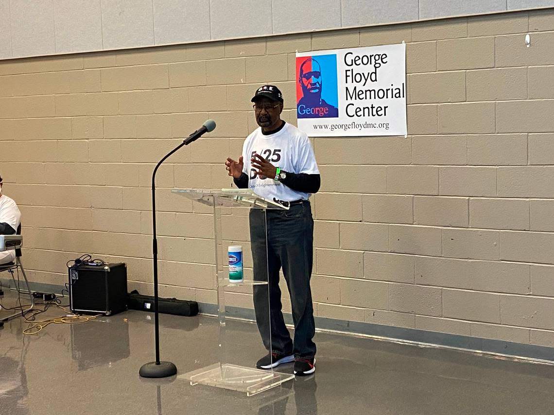 Roger Floyd speaks at a May 8, 2021 event in the John P. “Top” Greene Community Center in Raleigh about honoring the day of George Floyd’s death.