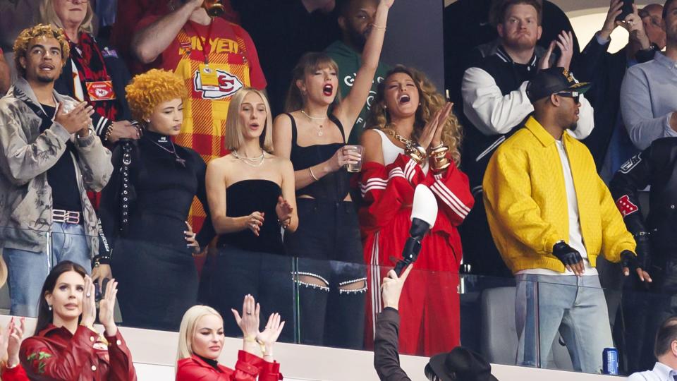 LAS VEGAS, NEVADA - FEBRUARY 11: From left to right, Ice Spice, Ashley Avignone, Taylor Swift and Blake Lively are seen in their suite before Super Bowl LVIII between the Kansas City Chiefs and San Francisco 49ers at Allegiant Stadium on February 11, 2024 in Las Vegas, Nevada. (Photo by Ryan Kang/Getty Images)