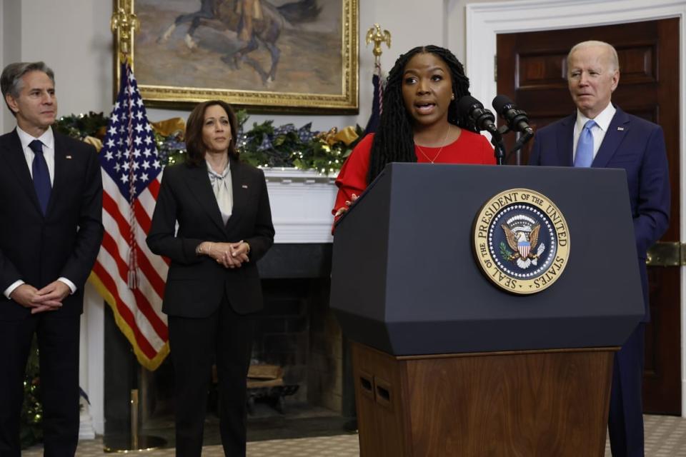 Cherelle Griner (3rd L), wife of Olympian and WNBA player Brittney Griner, speaks after U.S. President Joe Biden announced her release from Russian custody, with Secretary of State Anthony Blinken (L) and Vice President Kamala Harris at the White House on December 08, 2022 in Washington, DC. (Photo by Chip Somodevilla/Getty Images)