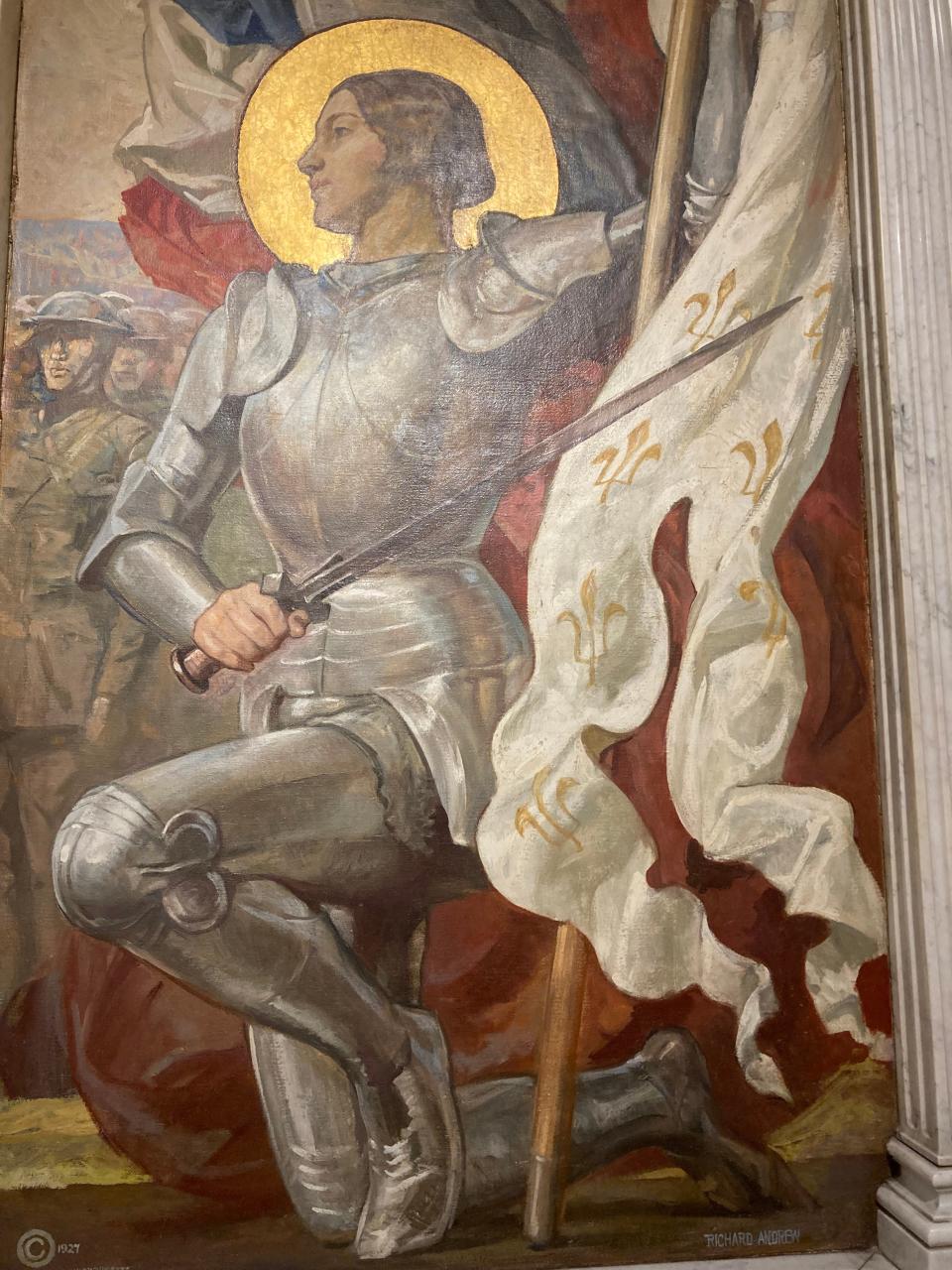 The image of Joan of Arc was included in a side panel of the mural depicting the bestowing of a French medal on the 104 Infantry; the first American combat troop to be honored by a foreign power in World War I; the painting is a part of the compilation of visual information: Women Subjects/Women Artists commemorates Women's History Month at the Massachusetts State House