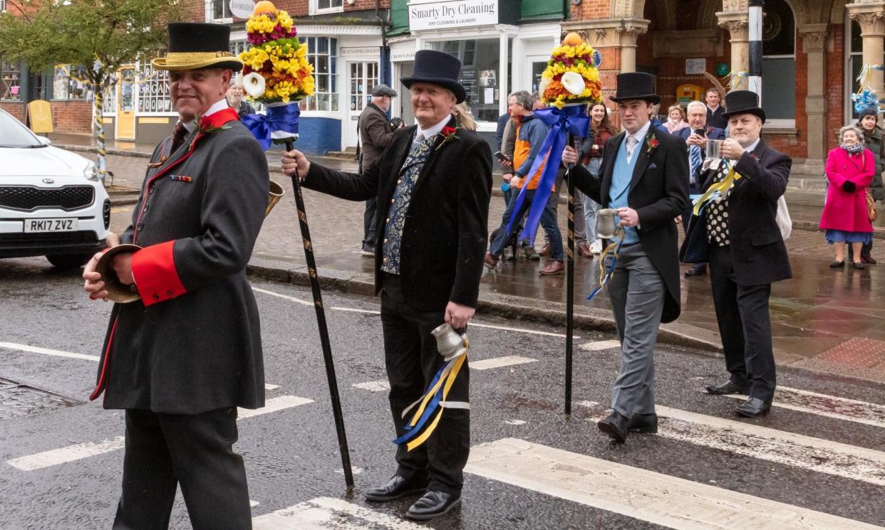 <span>Tuttimen in the streets of Hungerford, Berkshire, during the 2024 Hocktide celebrations.</span><span>Photograph: Neil Moore/Julie Lloyd</span>