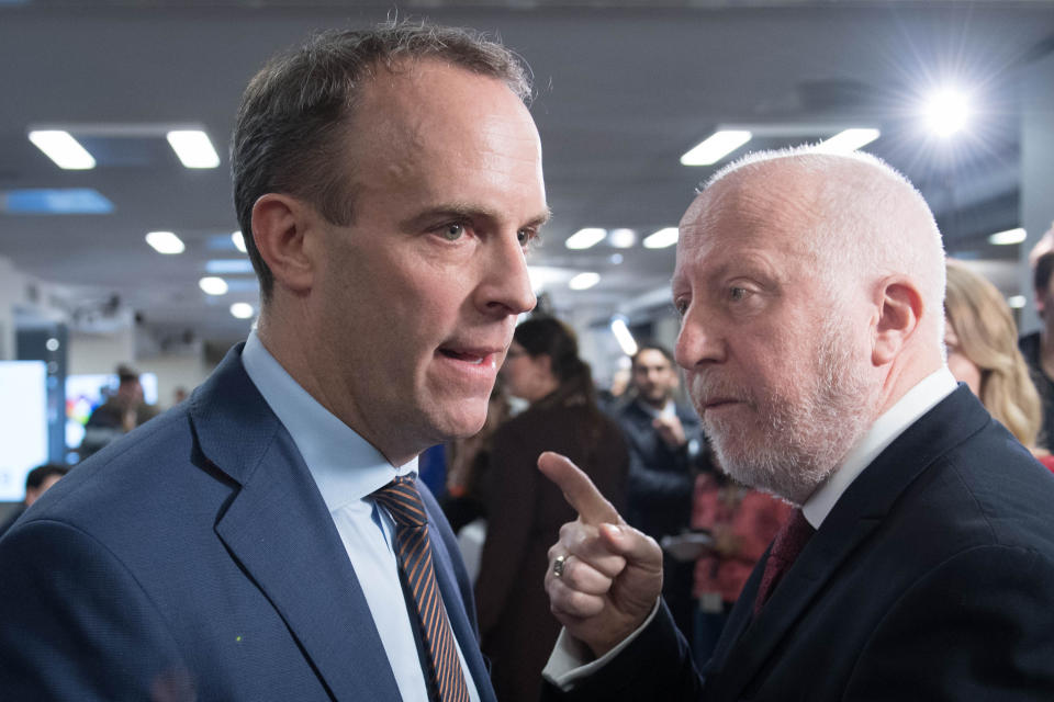 Foreign Secretary Dominic Raab (left) and shadow transport secretary Andy McDonald exchange views at the Octagon in Sheffield, South Yorkshire, after leaders of four major parties took part in the BBC Question Time Leaders' Special. (Photo by Stefan Rousseau/PA Images via Getty Images)