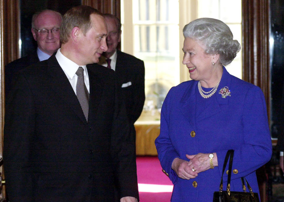 Queen Elizabeth II receives the President-elect of the Russian Federation Vladimir Putin, at Windsor Castle, during his first official engagement in London at the start of his visit to the UK.  * 24/06/03 Queen Elizabeth II and the President of the Russian Federation Vladimir Putin, at Windsor Castle, as President Putin was arriving in Britain for the first state visit by a Russian leader since the days of the tsars.  The former KGB secret service officer was staying at Buckingham Palace as the personal guest of the Queen, following a ceremonial welcome full of pomp and ceremony on London's Horse Guards Parade.   (Photo by Fiona Hanson - PA Images/PA Images via Getty Images)