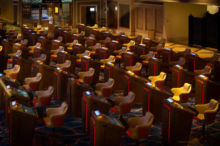 Empty gambling tables at the Londoner Casino resort at the Cotai Strip in Macau, Oct. 20.<span class="copyright">Eduardo Leal—AFP/Getty Images</span>