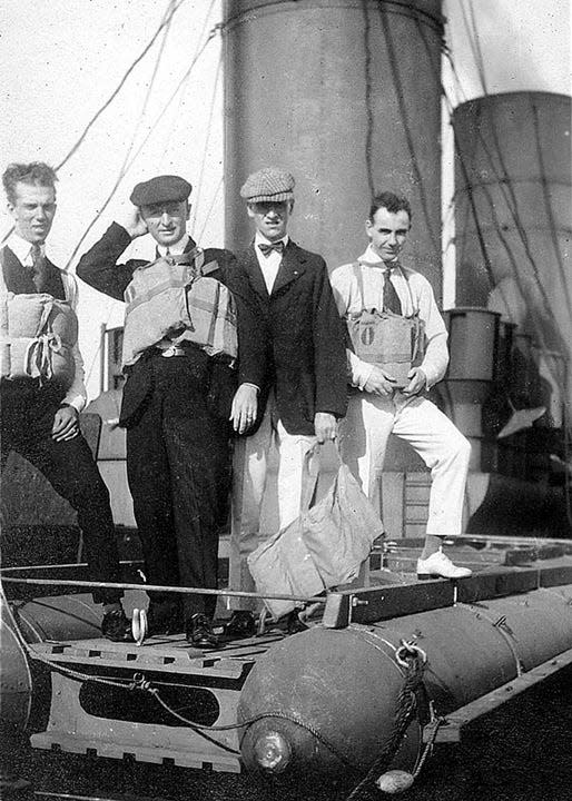 Paul Handy Moore, left, and other volunteers on French ship. Throughout his time of service, Moore took many photographs with an amateur camera and kept a daily journal.