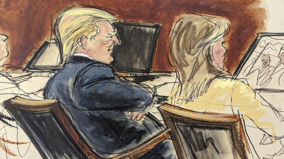 In this courtroom sketch, Donald Trump sits with arms folded beside his attorney, Alina Habba in Federal Court, in New York, Wednesday, Jan. 17, 2024. Trump was threatened with expulsion from his Manhattan civil trial Wednesday after he repeatedly ignored a warning to keep quiet while writer E. Jean Carroll testified that he shattered her reputation after she accused him of sexual abuse. (Elizabeth Williams via AP)