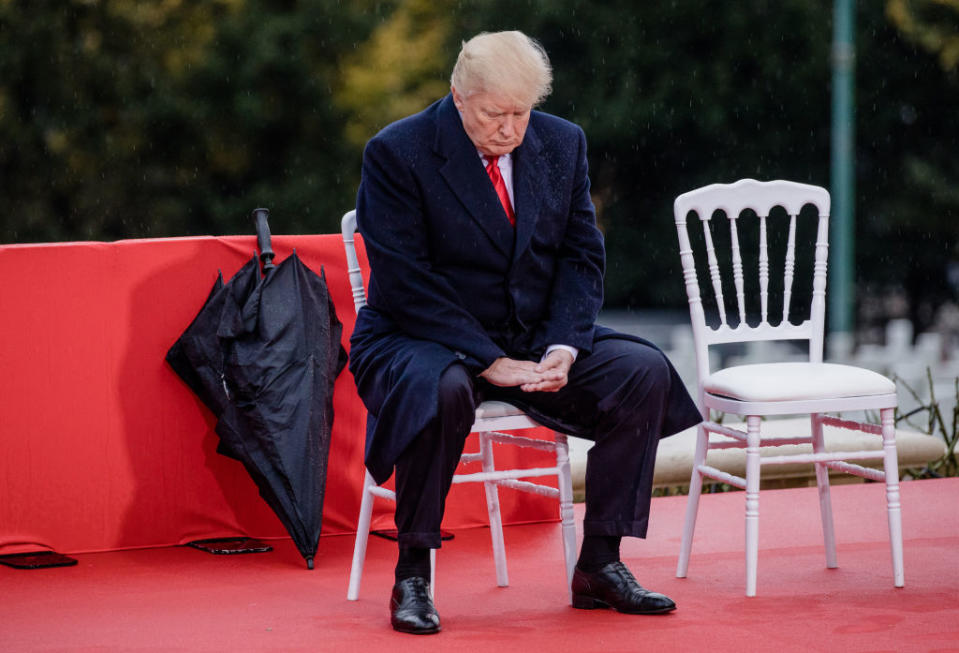 President Donald Trump pauses during the American Commemoration Ceremony at the Suresnes American Cemetery in Paris, France, in 2018. 