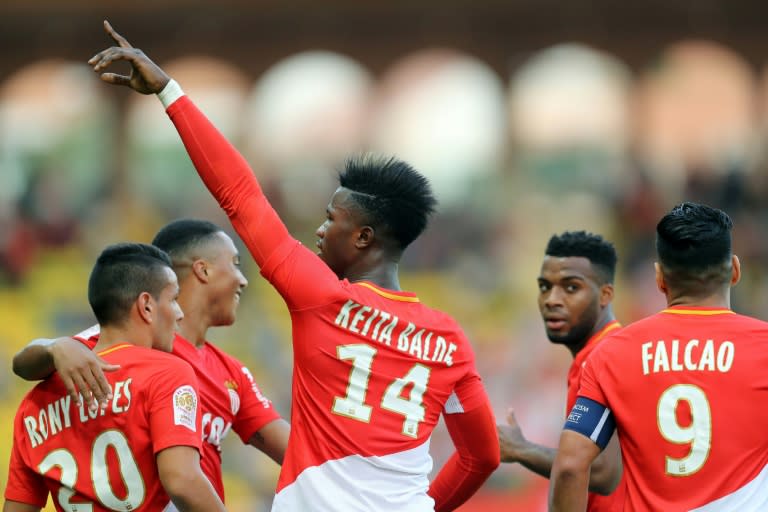 Monaco forward Keita Balde celebrates after scoring a goalagainst Caen on October 21, 2017 at the "Louis II Stadium" in Monaco