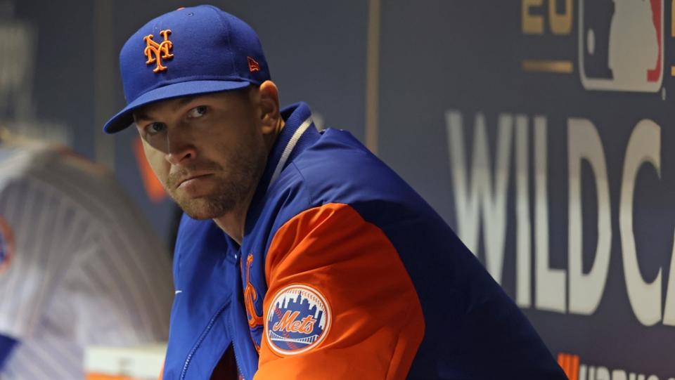 Oct 8, 2022;  New York City, New York, USA;  New York Mets starting pitcher Jacob deGrom (48) sits in the dug out before game two of the Wild Card series against the San Diego Padres for the 2022 MLB Playoffs at Citi Field.