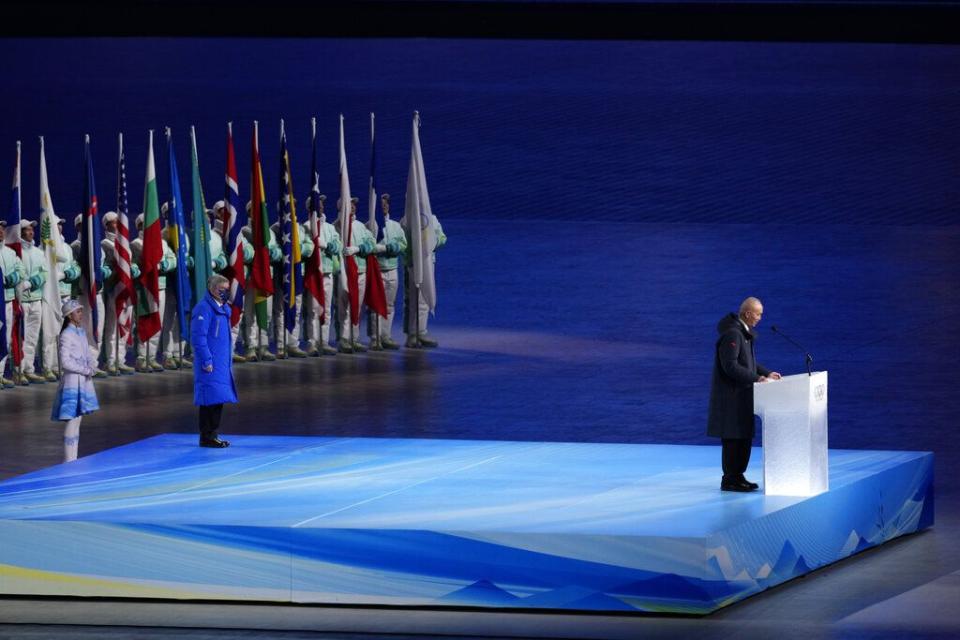 Cai Qi, President of the Beijing Organizing Committee for the 2022 Olympic and Paralympic Winter Games speaks during the opening ceremony of the 2022 Winter Olympics, Friday, Feb. 4, 2022, in Beijing. (AP Photo/Bernat Armangue)