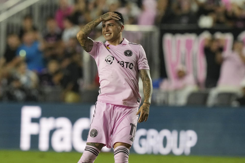 Inter Miami midfielder Facundo Farías (11) reacts after missing a kick during the first half of an MLS soccer match against the New York City, Saturday, Sept. 30, 2023, in Fort Lauderdale, Fla. (AP Photo/Marta Lavandier)