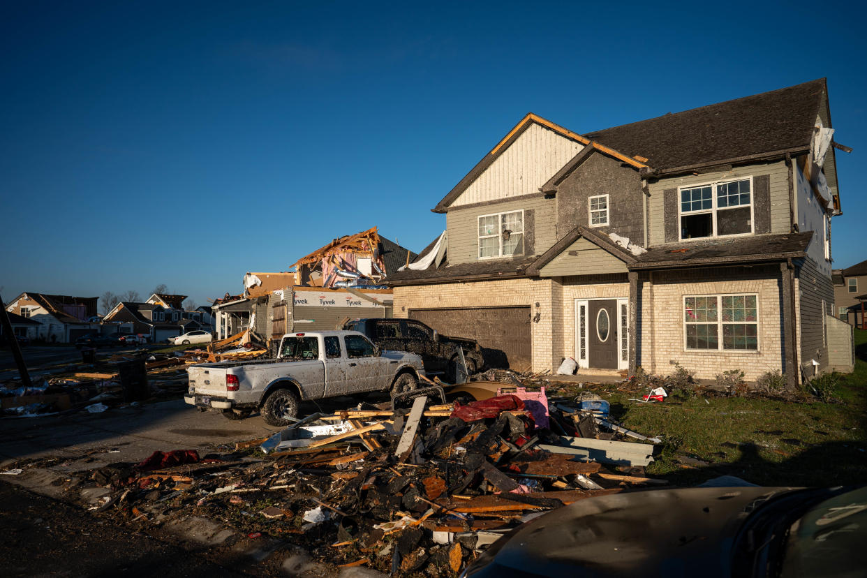 Damaged homes on Jackie Lorraine Dr. in Clarksville, Tenn., Sunday, Dec. 10, 2023. Tornadoes struck Middle Tennessee on Saturday, killing at least six people and leaving more than 160,000 Middle Tennessee residents without power.