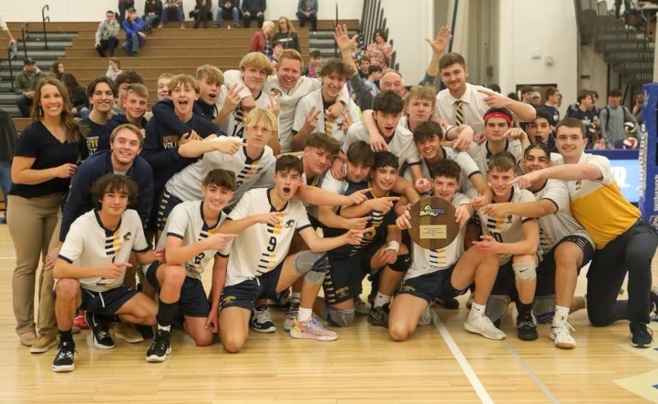 Spencerport celebrates winning a second straight NYSPHSAA Far West Regional Class B title after defeating East Aurora/Holland in five sets Saturday, Nov. 12, 2022 at Webster Schroeder.