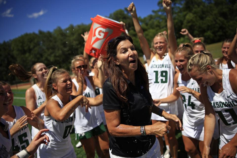 Mindy McCord, seen here about to be doused with water after her Jacksonville University team won the ASUN Championship over Liberty, will bring her relationship-driven culture to another startup program at the University of South Florida.