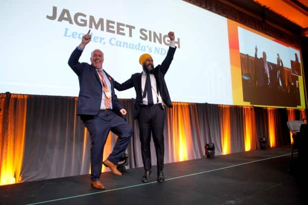 NDP Leader Jagmeet Singh (right) with B.C. Premier John Horgan in 2019. The federal NDP experienced a spike in support in B.C. coinciding with the provincial B.C. NDP's election victory.