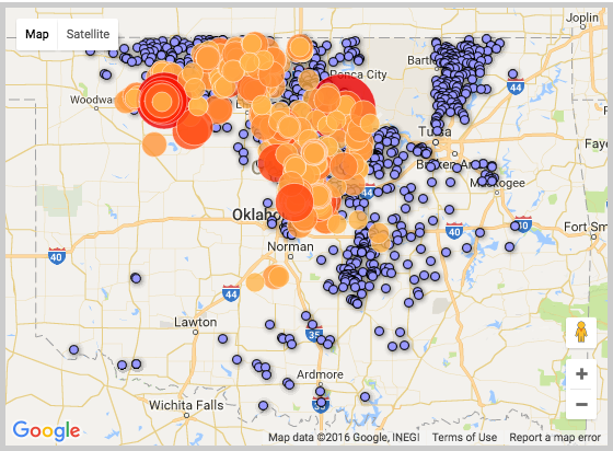 Orange and red dots show the total number of earthquakes of magnitude 3.0 or greater in 2016 alone, including the Sept. 3 earthquake in Pawnee. Purple dots indicate wastewater injection wells.