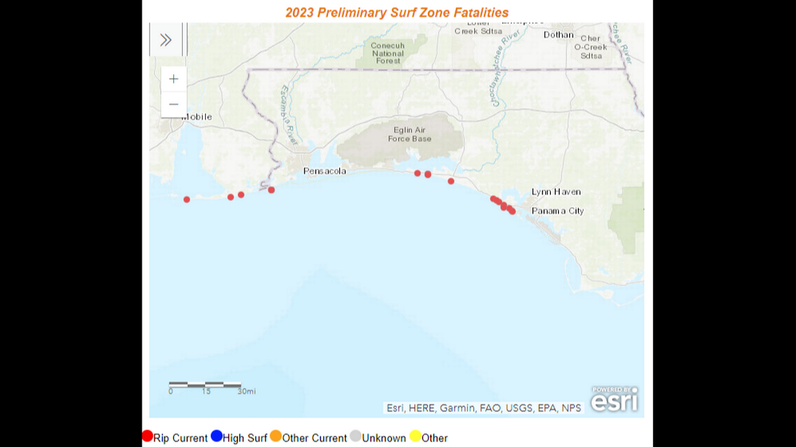 Rip currents have claimed the lives of at least 13 people along the Florida panhandle as of July 27, officials say. National Weather Service map