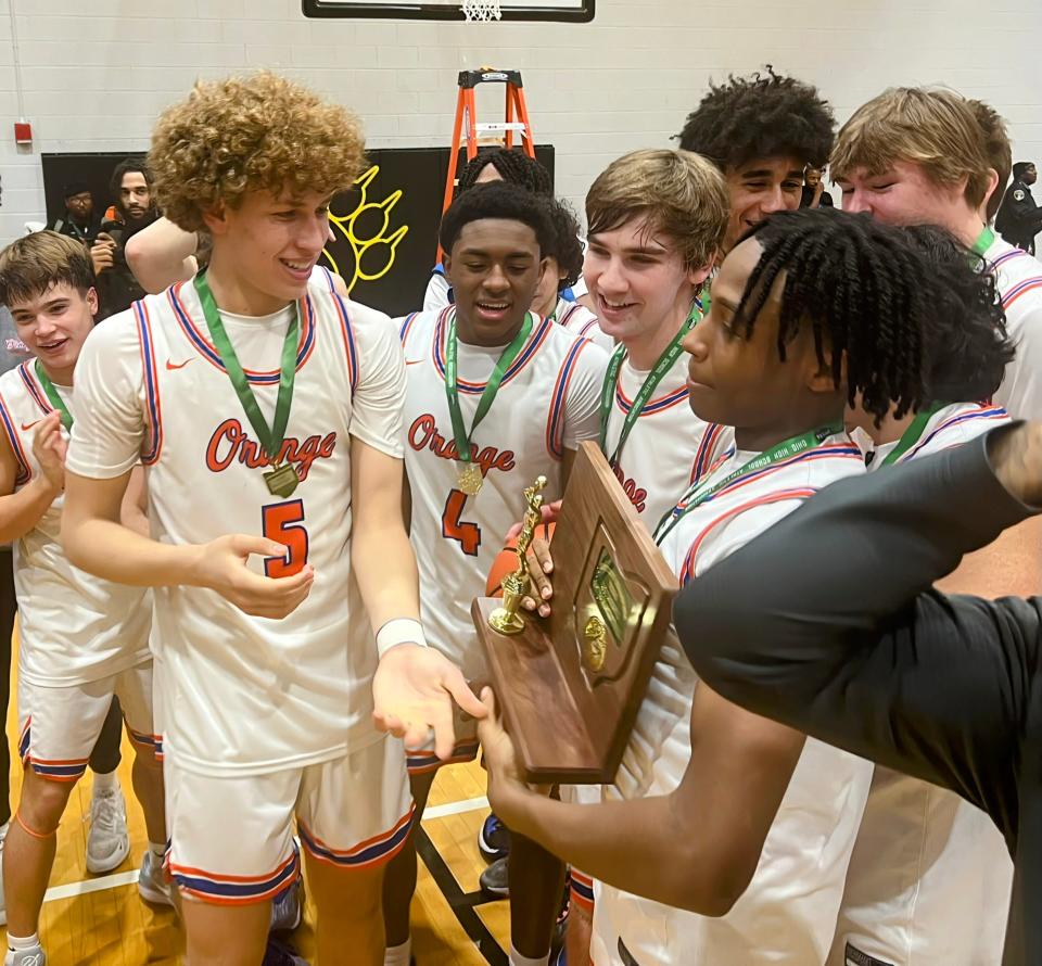 Olentangy Orange celebrates its Division I district championship Saturday at Ohio Dominican.