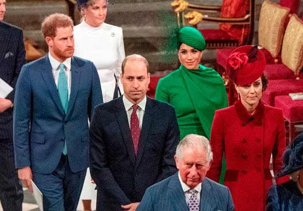 <div class="inline-image__caption"><p>Britain's Prince Harry, Duke of Sussex (L) and Britain's Meghan, Duchess of Sussex (2nd R) follow Britain's Prince William, Duke of Cambridge (C) and Britain's Catherine, Duchess of Cambridge (R) as they depart Westminster Abbey after attending the annual Commonwealth Service in London on March 9, 2020.</p></div> <div class="inline-image__credit">PHIL HARRIS/POOL/AFP via Getty Images</div>