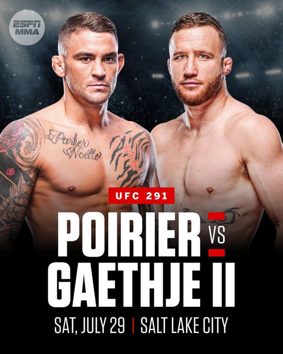 Dustin Poirier of American Top Team vs. Justin Gaethje for the vacant “BMF” title at UFC 291 on July 29 on ESPN+.