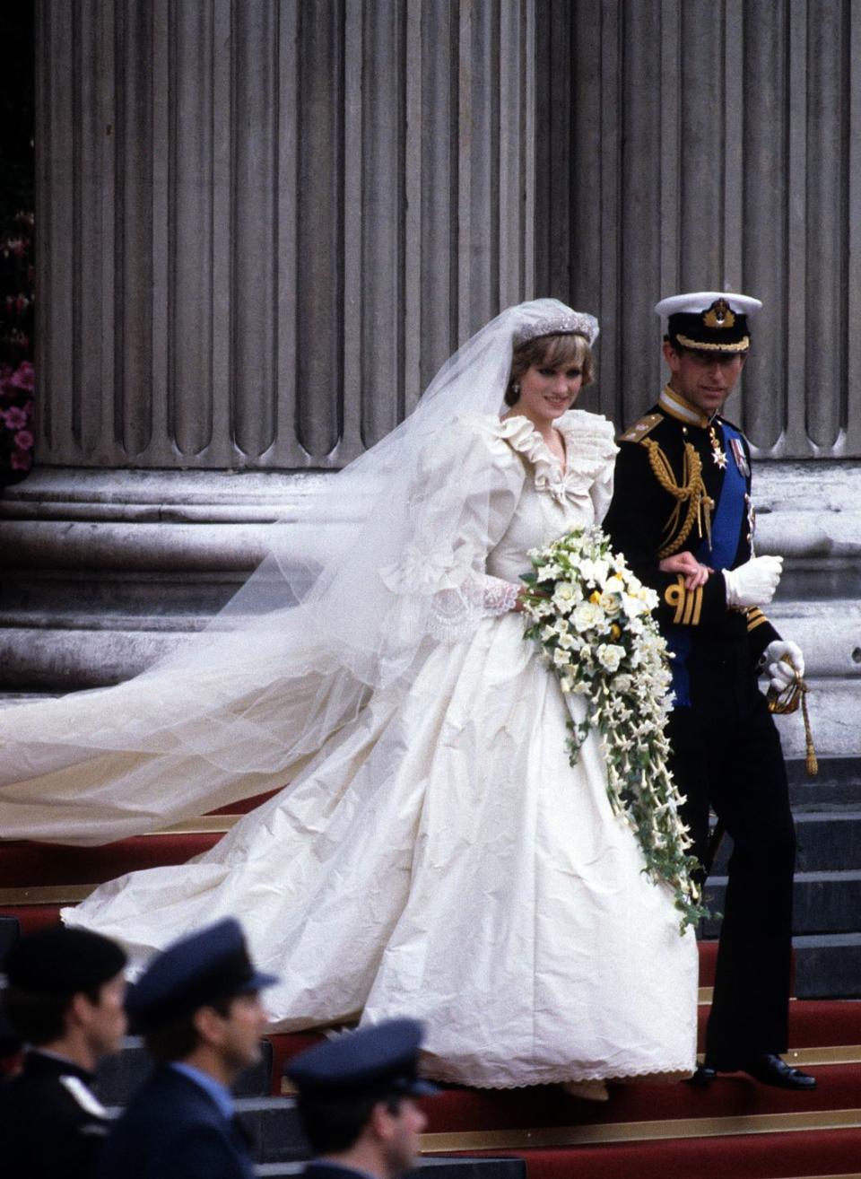 <p>Princess Diana's show-stopping wedding dress had over 10,000 pearls and a <a href="https://www.goodhousekeeping.com/beauty/fashion/g4655/princess-diana-wedding-dress/" rel="nofollow noopener" target="_blank" data-ylk="slk:25-foot wedding train;elm:context_link;itc:0;sec:content-canvas" class="link ">25-foot wedding train</a>. Before her wedding started she actually spilled perfume on her gown, but Diana's team managed to hide it so no one noticed.</p>