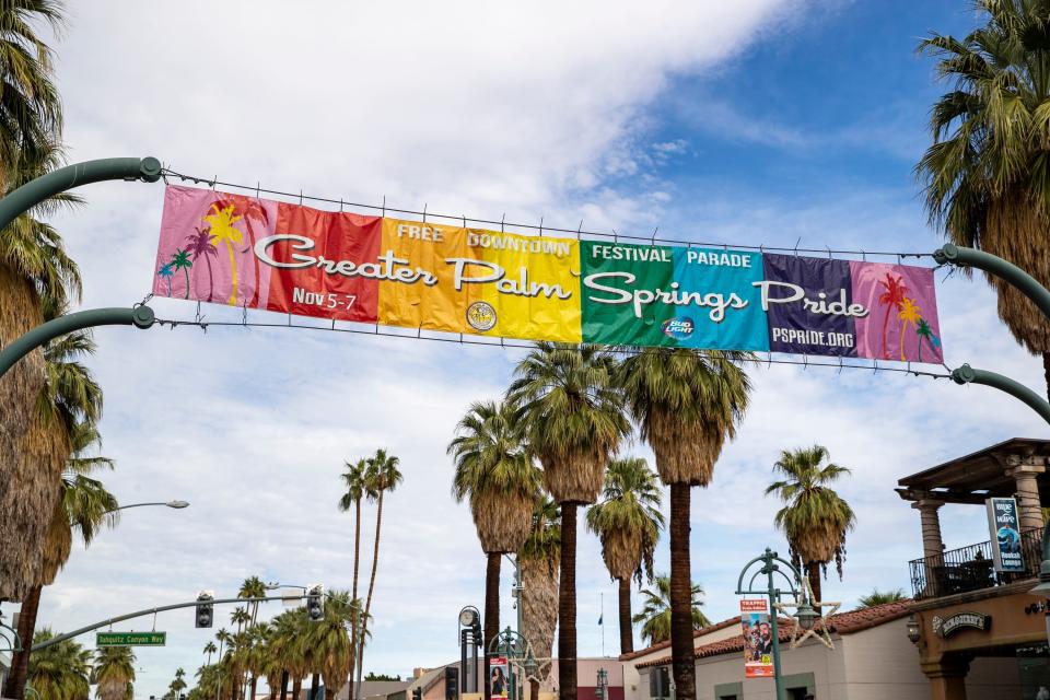 A Greater Palm Springs Pride banner is visible in downtown Palm Springs, Calif., on November 1, 2021. 