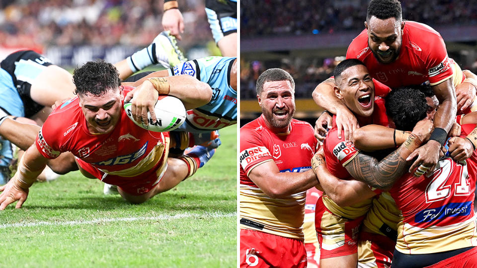 Valynce Te Whare scores his first NRL try on the left, and is mobbed by celebrating Dolphins teammates on the right.