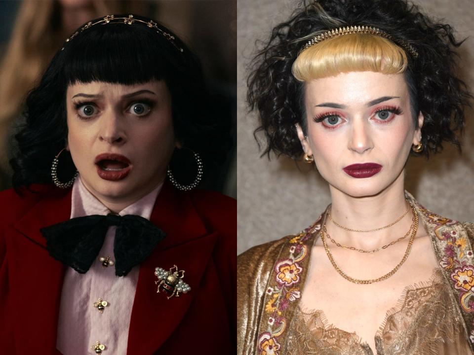 A side-by-side image of Ruth Codd as Juno on Netflix's "The Fall of the House of Usher," and in 2022.