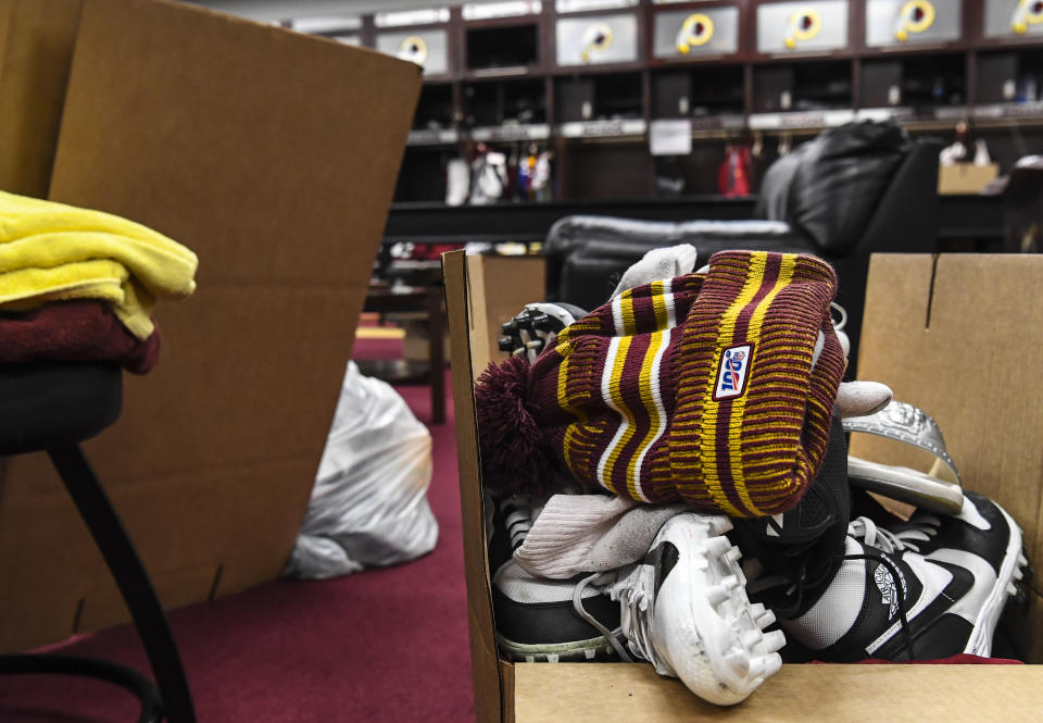 ASHBURN, VA - DECEMBER 30:  A player's equipment ready to be brought home after the end of the Washington Redskins' season on Monday, December 30, 2019.  (Photo by Toni L. Sandys/The Washington Post via Getty Images)