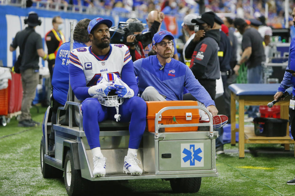 FILE - Buffalo Bills linebacker Von Miller (40) is carted off the field during the first half of an NFL football game against the Detroit Lions, Thursday, Nov. 24, 2022, in Detroit. Bills’ top pass-rusher Von Miller will miss the remainder of the season after having surgery to repair an injury to the anterior cruciate ligament in his right knee, coach Sean McDermott announced on Wednesday, Dec. 7. (AP Photo/Duane Burleson, File)