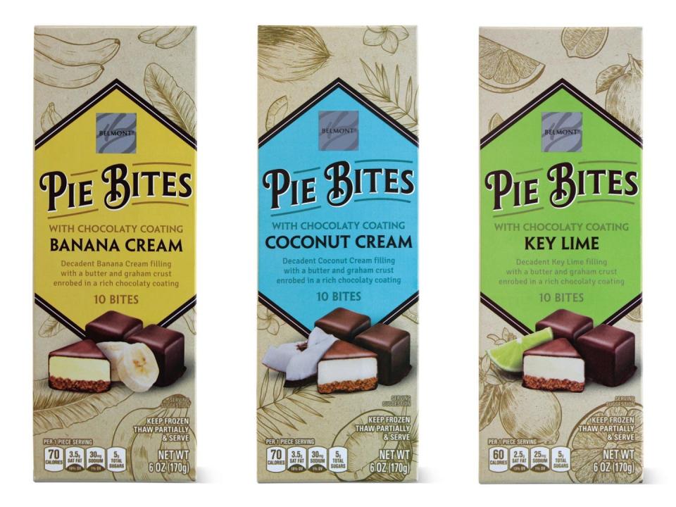 Three boxes of Belmont pie bites in banana-cream, coconut-cream, and key-lime flavors