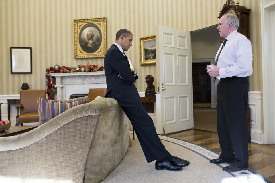 President Barack Obama reacts as Counterterrorism chief and adviser John Brennan briefs him at the White House on the details of the shootings at Sandy Hook Elementary School in Newtown, Connecticut, December 14, 2012, in this White House handout photo released January 4, 2013. The president later said during a television interview that this was &quot;the worst day of his Presidency.&quot; REUTERS/Peter Souza/Official White House Photo/Handout  (UNITED STATES - Tags: CRIME LAW POLITICS TPX IMAGES OF THE DAY) FOR EDITORIAL USE ONLY. NOT FOR SALE FOR MARKETING OR ADVERTISING CAMPAIGNS. THIS IMAGE HAS BEEN SUPPLIED BY A THIRD PARTY. IT IS DISTRIBUTED, EXACTLY AS RECEIVED BY REUTERS, AS A SERVICE TO CLIENTS