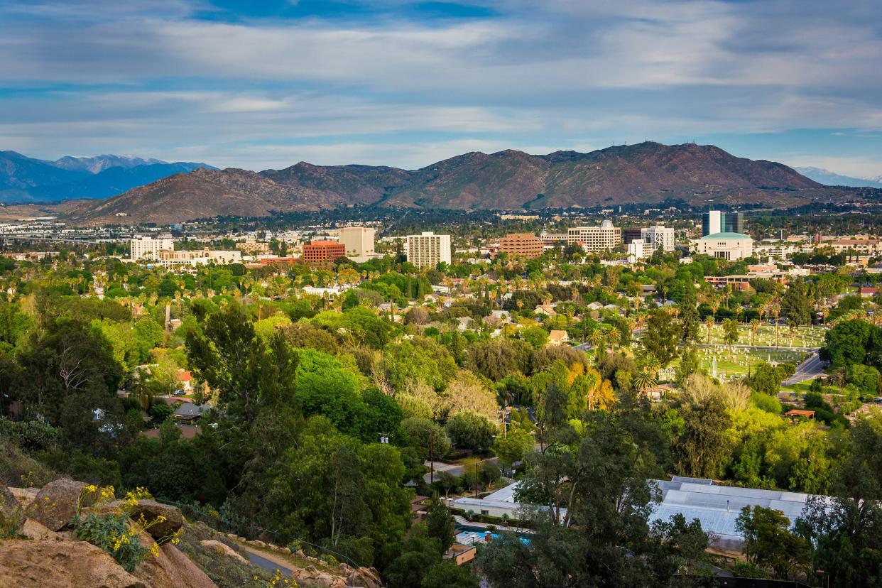 view of city and distant mountains in Riverside, California