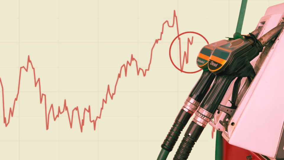 Graphic showing a petrol pump with a chart showing the price of oil to represent inflation.