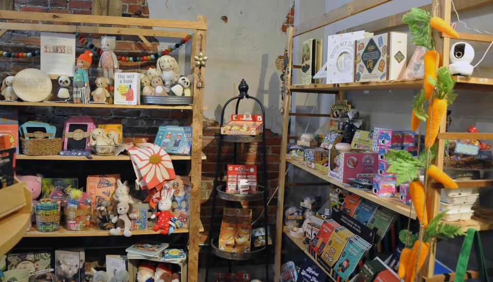 Portions of the sale of items on the left rack in Fig & Oak will got to feed hungry children. On the right is a large Easter display.