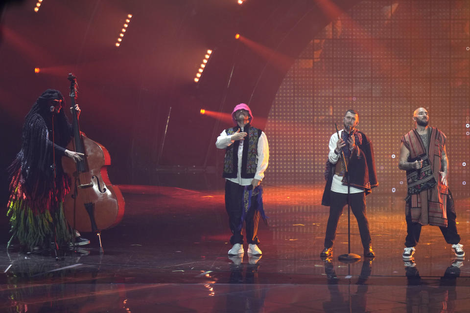 Kalush Orchestra from Ukraine singing Stefania performs during the Grand Final of the Eurovision Song Contest at Palaolimpico arena, in Turin, Italy, Saturday, May 14, 2022. (AP Photo/Luca Bruno)