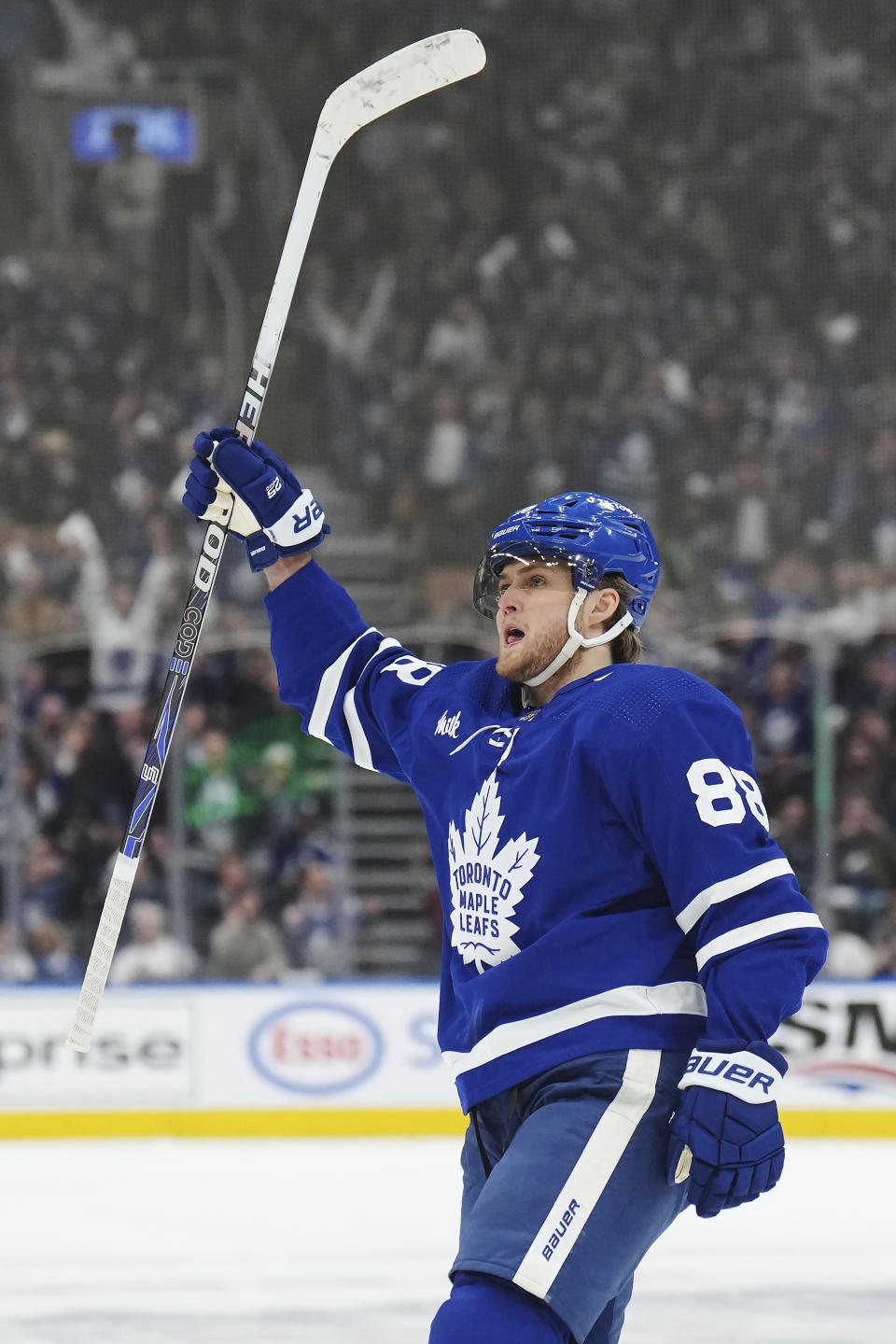 Toronto Maple Leafs right wing William Nylander celebrates his goal against the Tampa Bay Lightning during the second period of Game 1 of a first-round NHL hockey playoff series Tuesday, April 18, 2023, in Toronto. (Nathan Denette/The Canadian Press via AP)